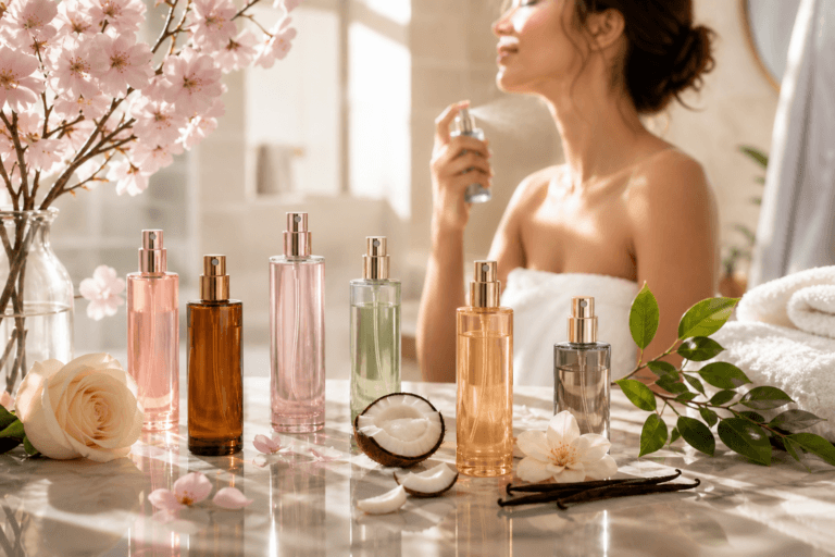 Woman sprays fragrance beside an array of perfume bottles, flowers, coconut, citrus leaves, and vanilla beans